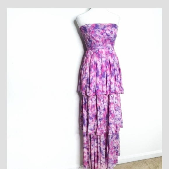 Playa Lucila Maxi Dress Strapless Tiered Maxi Dress Shirred Top Purple Pastel XS - Picture 2 of 16